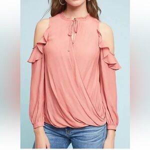 Anthropologie Maeve Liesel Cold Shoulder Ruffle Blouse Dusty Rose Pink.